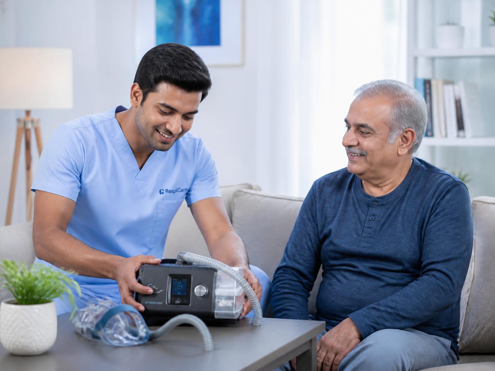 VRHealthCare technician installing a CPAP machine for an elderly patient at home